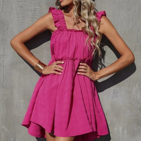 pink Boho Frill Trim Ruffle Hem Dress - Picture 3 of 6